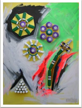 Kytice I., 2008, akryl, uhel, umělá hmota na dřevotřísce, 100x70 cm