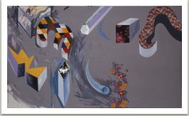 Vzpomínka na Hippie Town,1990, textil,akryl na plátně, 300x170cm  