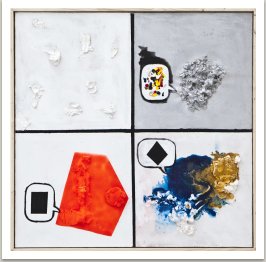 Comics, 2013, akryl a papírová hmota na plátně, 140x140 cm