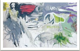 9947513/Sedící Bernarda, 1993, akryl , uhel, fotokopie na plátně, 175x300cm