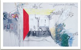 Klára je Hugo, 1993, akryl, uhel a umělá hmota a fotokopie na plátně, 175x300cm