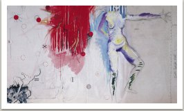 Řada šedých čísel, 1993, akryl, uhel , barevné tužky, fotokopie a kov na plátně, 175x300cm